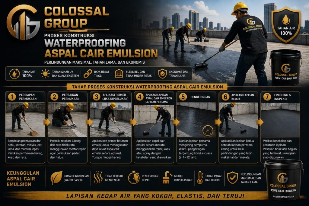 Hasil akhir jasa waterproofing aspal cair emulsion yang hitam pekat, elastis, dan kedap air sempurna pada permukaan dak.